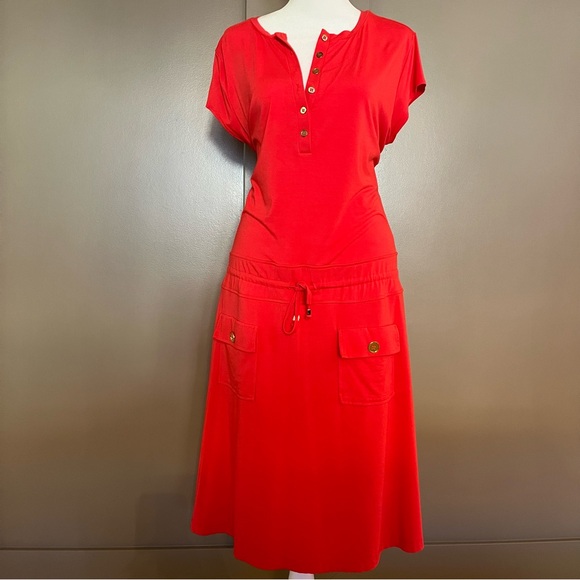 Coral Quarter Button Down T-Shirt Dress with Tie on the Waist - Picture 2 of 6